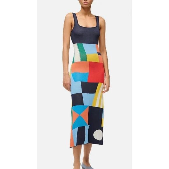 Staud Katie Dress Patch Print Knit Midi Blue Multi Square Neck Sleeveless Sz XS - Picture 5 of 8